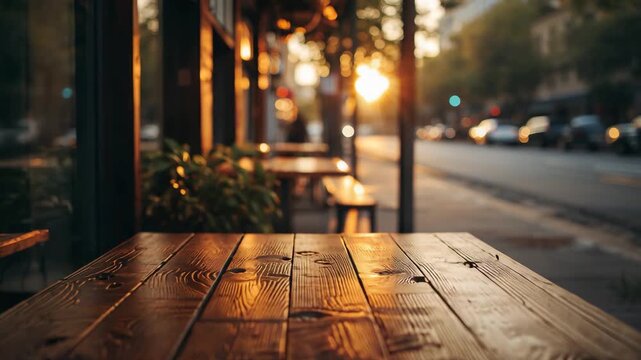 Empty wooden cafe table beside city street at golden hour with warm sunlight, outdoor seating and blurred urban evening atmosphere