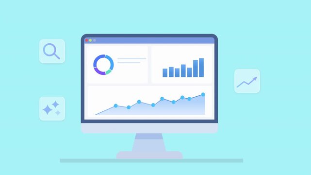 Animated desktop monitor with analytics dashboard, charts, and floating interface icons representing digital data analysis and business technology.
