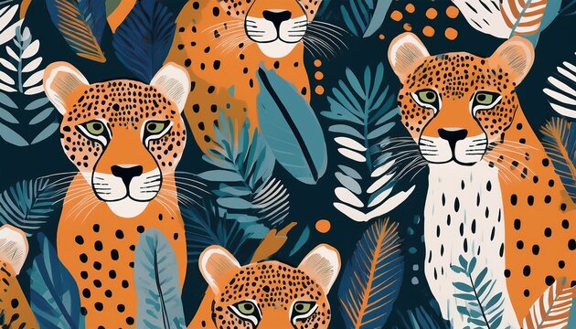 modern abstract botanical print with leopards dramatic bohemian style contemporary seamless pattern hand drawn unique print