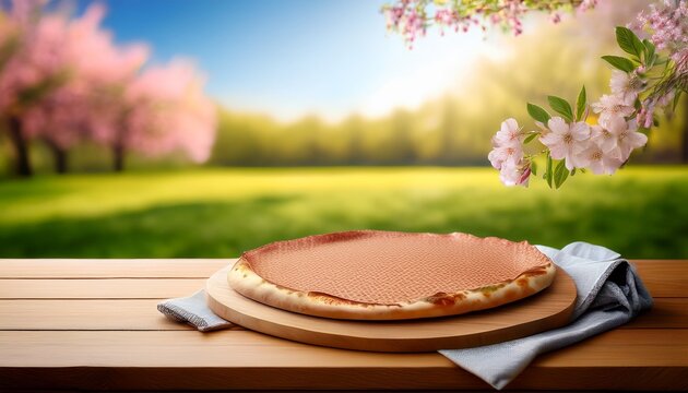 serve up perfection presentation with our stylish pizza board and napkin and spring background selective focus