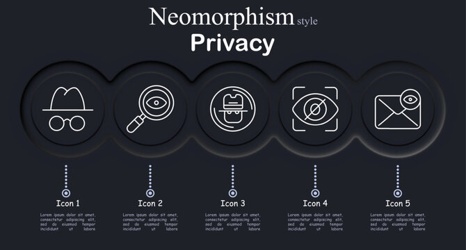 Privacy set icon. Neomorphic dark interface circles with line symbols of spy hat glasses disguise, magnifier eye search, anonymous user mask, hidden eye surveillance frame, secure mail eye