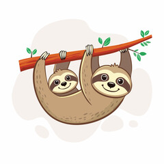 Fototapeta premium Two cute cartoon sloths hanging from a tree branch
