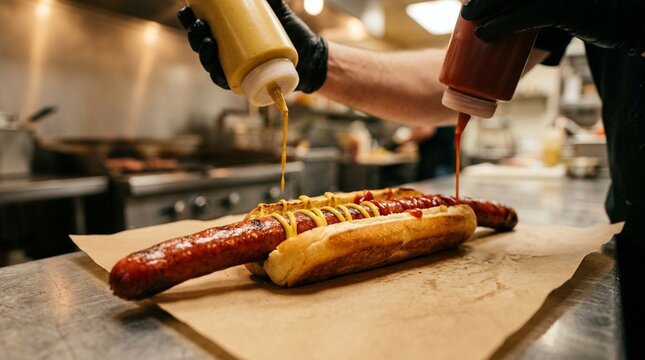 Footlong Hot Dog Vivid Extra-Long Frank Extending Past Bun Ends Close Side Hero Condensation Bead On Cold Drink Close Macro