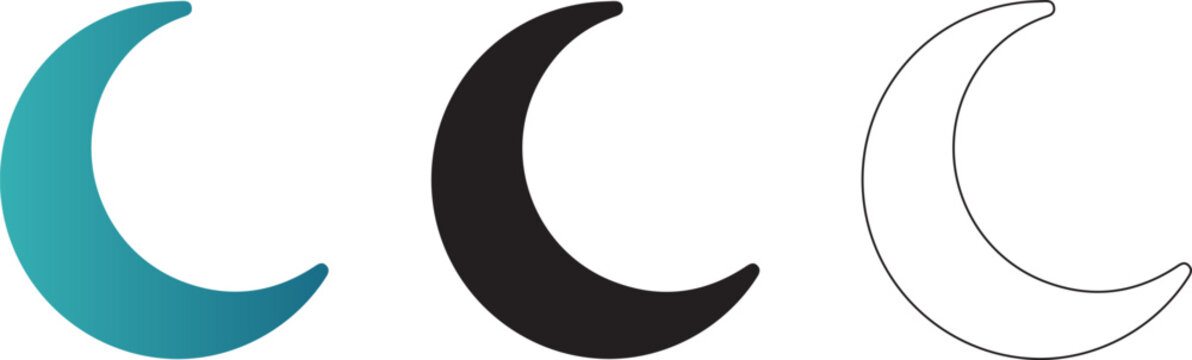 Moon Icon Set with 3 Icon Concepts Gradient, Solid and Line Art Styles for Night and Sleep Symbols, Transparent PNG