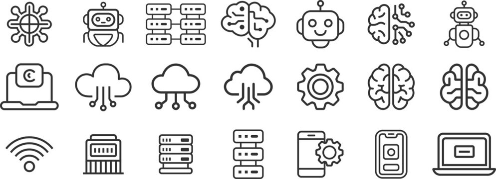 Modern Technology, AI & Cloud Computing Line Icon Set &ndash; Editable Outline Vector Icons for Data, Server & Digital Systems