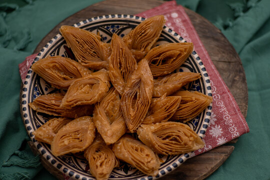 Crimean Tatar Baklava, a traditional pastry in bowl. Sweets diamond shapes food