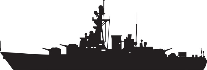Silhouette of a powerful warship against a stark backdrop, symbolizing strength and naval prowess. The precise detail of the vessel's structure is sharply visible, emphasizing its formidable presence. © DesignINKZ