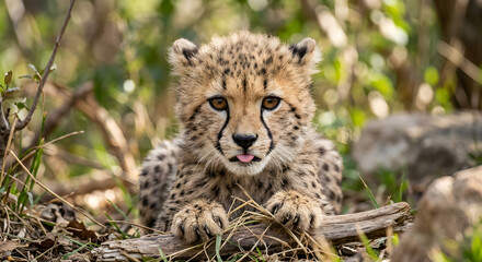 Fototapeta premium Adorable Cheetah Cub with Spotted Fur Lying Down - Cute Wild Animal Portrait in Nature