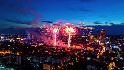 Obraz premium Spectacular Fireworks Display Illuminates City Skyline at Night.