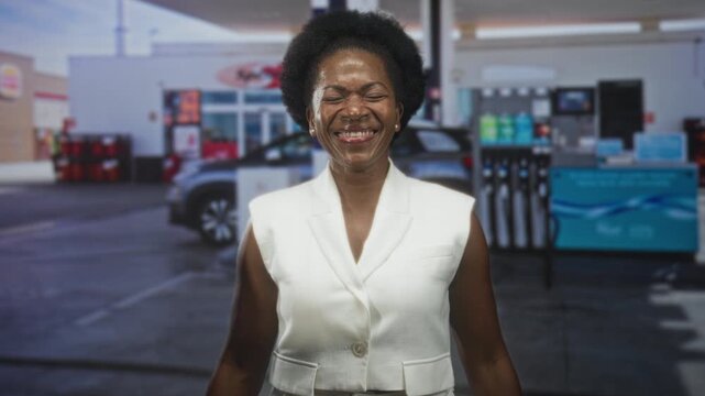 Woman smiling with hand to chin and crossed arm by gas pumps and parked car on street wearing white sleeveless vest; joyful confidence.