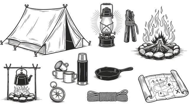 Vintage camping vector elements collection with tent, campfire, lantern, map and survival gear