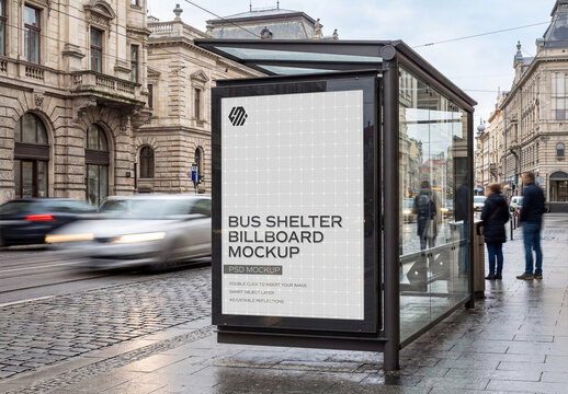 Billboard Bus Shelter In European City Mockup