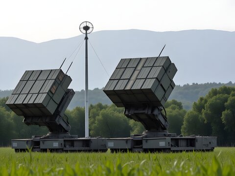 Twin mobile missile launchers deployed in a grassy field under a clear sky