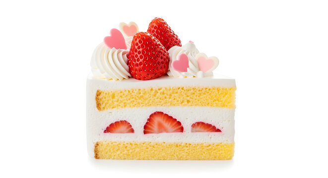 A delicious slice of cake decorated with strawberries and cream, featuring delicate heart-shaped accents. The cake is layered with fluffy sponge cake and juicy strawberry slices.
