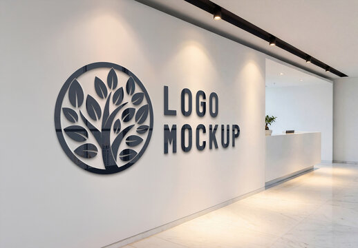 3D Glossy Logo On White Company Wall Mockup