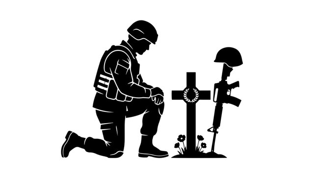 A solemn soldier honoring the fallen at a grave site. The silhouette depicts a figure kneeling before a cross, offering a moment of remembrance