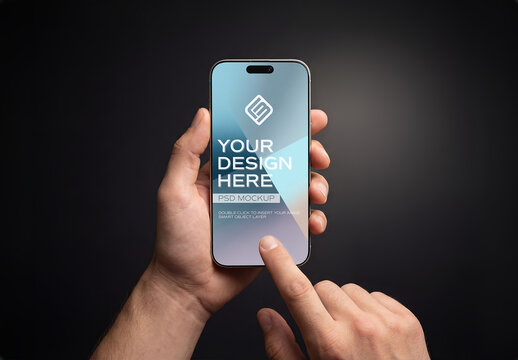 Modern Smartphone in User&rsquo;s Hand on Black Mockup