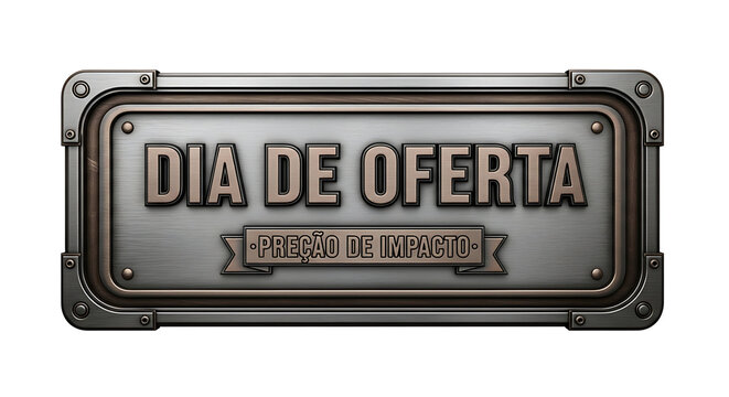 Dia De Oferta in Portuguese on a metallic plate offering a special sale, with an aged design