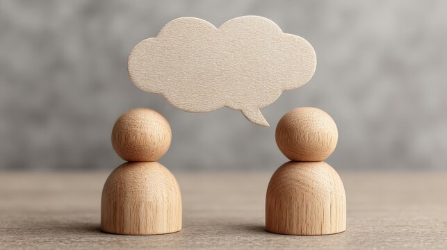 Two wooden figures stand opposite each other with a blank thought bubble above them.