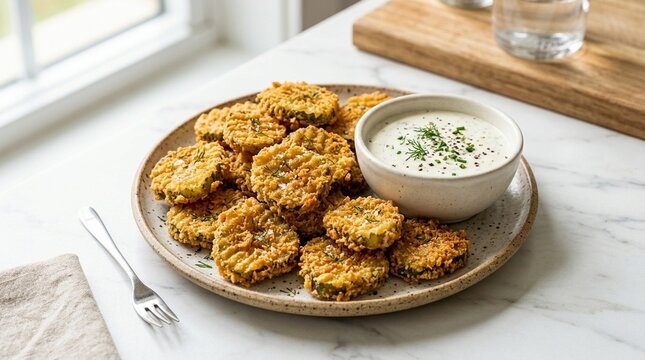 Crispy Fried Pickles Vivid Golden Battered Pickle Slices Close Overhead With Ranch Dip Steam Rising Moody Dark Background Close