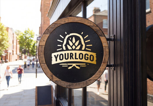 Circular Black and Wooden Brand Storefront Signage Mockup