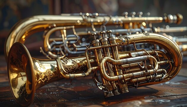 Close-up view of gleaming brass wind instruments, detailed craftsmanship. Lying on a textured wooden surface, they reflect light