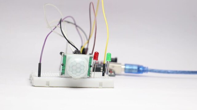 PIR sensor or passive infrared sensor activates led bulb when it detects obstacle controlled by a micro controller on background