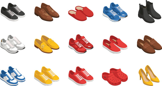 Colorful Shoes and Footwear Icon Set with Sneakers, Loafers, Boots, Heels, Slippers, and Clogs for Fashion and Retail Design Projects