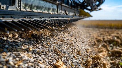 Naklejka premium A sunflower seed industrial harvesting process.
