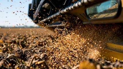 Naklejka premium A sunflower seed industrial harvesting process.