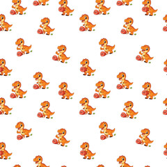 seamless pattern featuring playful orange allosaurus dinosaurs in a fun repeating style © annang