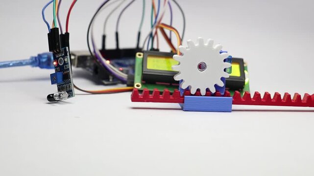 Basic mechanisms rack and pinion demonstrated using 3d printed parts and a micro servo with electronic control circuit on the background
