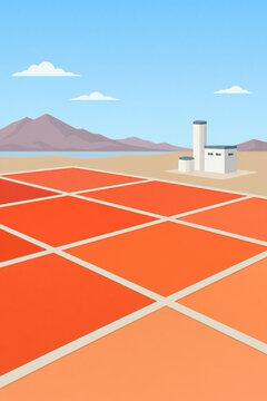 Vector illustration of bromine salt lake beds with a small industrial unit