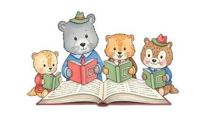 Adorable Anthropomorphic Animals Reading Books Together in a Whimsical Educational Illustration © Yaqeen