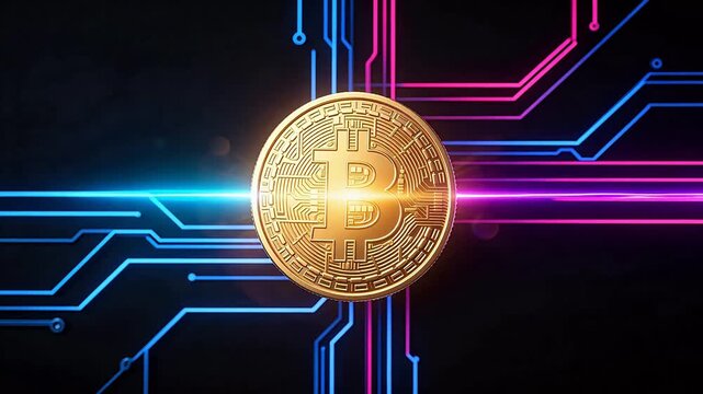 Golden Bitcoin coin with neon circuit lines