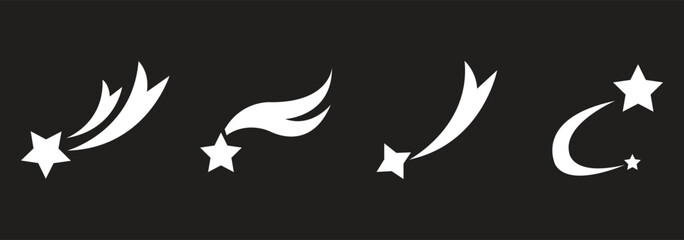 Collection of diverse stylized shooting star icons and symbols representing wishes dreams and celestial events with streaks and trails on a clean white grid background © Iconpro333 