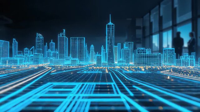 Futuristic neon blue glowing digital grid lines leading to illuminated skyscrapers and human silhouettes in dark night cityscape