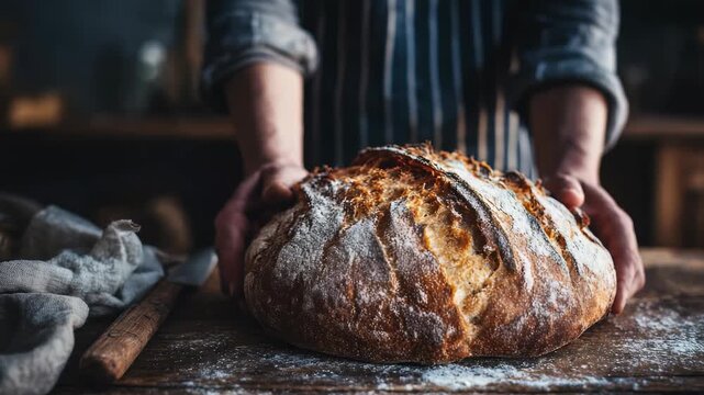 A baker presents a round, crusty bread loaf on a wooden table, surrounded by a cozy kitchen atmosphere. The artisanal bread is dusted with flour, emphasizing its rustic, homemade appeal
