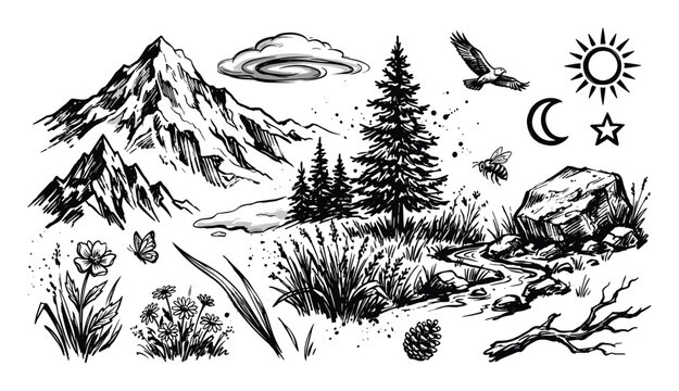 Collection of hand-drawn nature elements including mountains, trees, flowers, and animals in a black and white sketch style