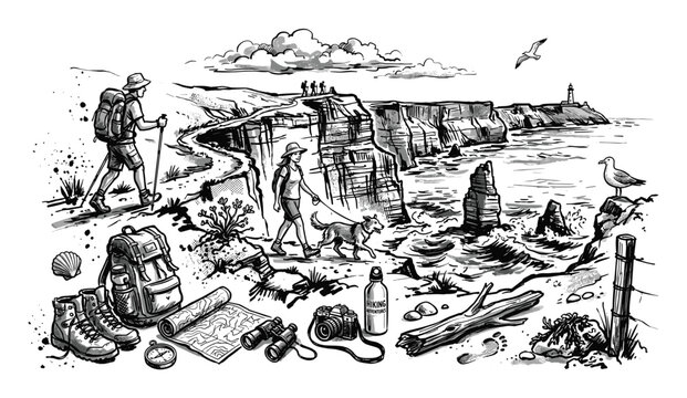 Detailed black and white ink illustration depicts hikers and their dog walking along a scenic coastal cliff path with a lighthouse in the distance