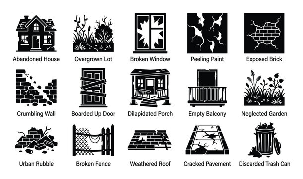 Collection of fifteen black silhouette icons representing various states of urban decay and neglect