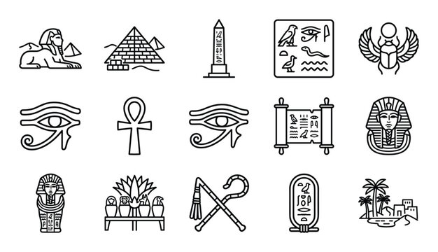 Collection of black outline Egyptian symbols and icons, including pyramids, sphinx, ankh, and hieroglyphs