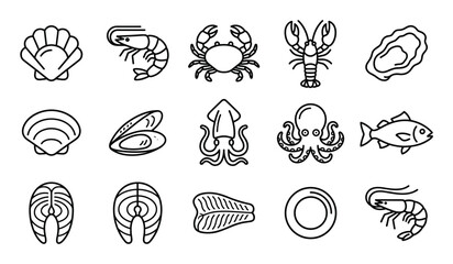 Obraz premium Collection of various seafood outline icons including shrimp, crab, lobster, fish, and scallops
