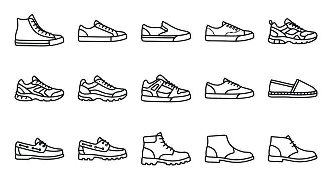 Collection of various outline shoe icons including sneakers, boots, and casual footwear
