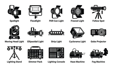 Fototapeta premium Collection of various black silhouette stage lighting equipment icons is displayed