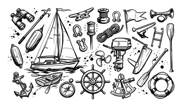 Hand-drawn black and white nautical elements including a sailboat, anchor, binoculars, and compass