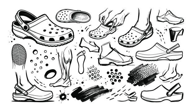 Collection of hand-drawn black and white illustrations featuring various rubber clogs and feet, with abstract brush strokes and patterns