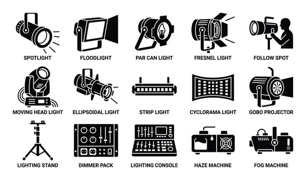 Comprehensive collection of black and white icons illustrating various stage lighting equipment and effects