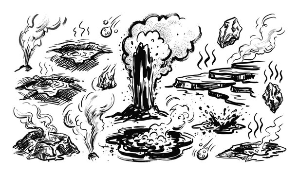 Various hand-drawn volcanic and geothermal elements, including geysers, hot springs, and steam vents, in a dynamic ink sketch style