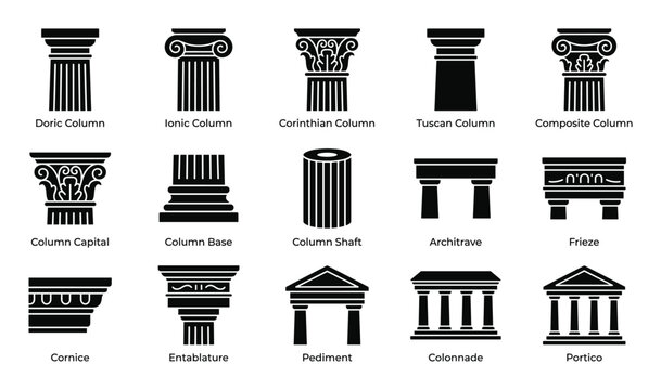 Various black architectural column elements and building parts are displayed as simple glyph icons
